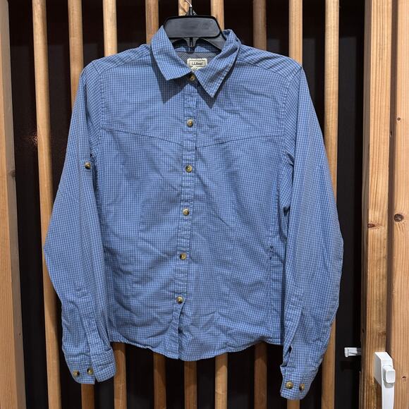 LL Bean Button Up Shirt Womens Size M Blue Gingham Outdoor Gorpcore Cotton Nylon - Picture 1 of 7
